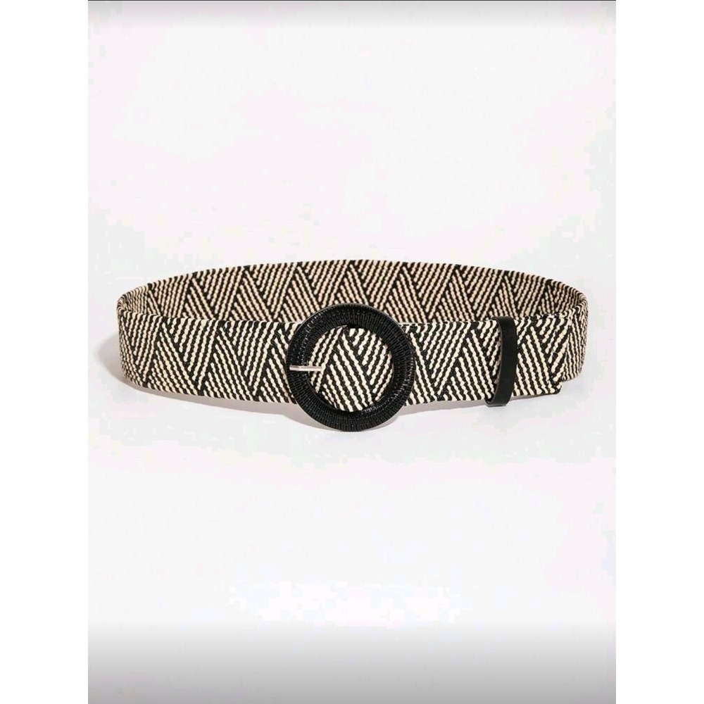 Woven Boho Belt Black White Geometric‎ Pattern Round Buckle Elastic Waistband 44